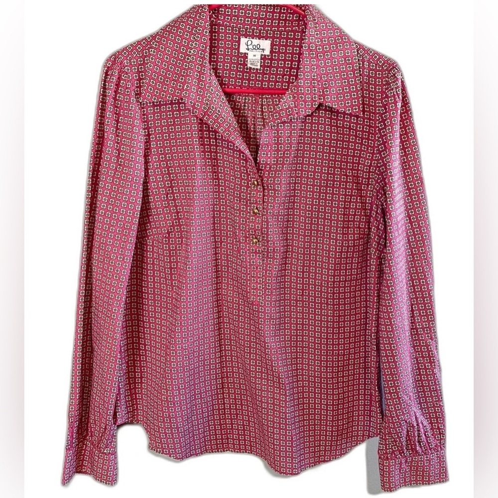 Lilly Pulitzer Shirt Women Size 10 Blouse Pink Geometric 100% Cotton